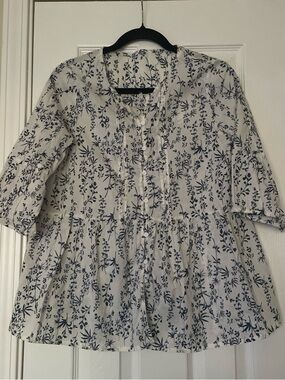 White and Navy Floral Button-Front Blouse